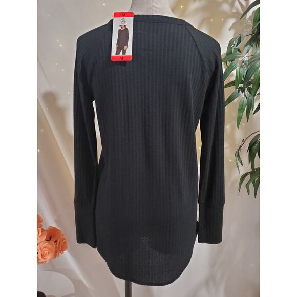 Chaser NWT Womens Waffle Knit Long Sleeve Thermal Top Size M Black Button Cuffs - Picture 3 of 8